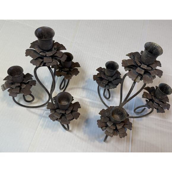2 Rustic Metal 4 Taper Candle Holder Pine Cone Or Flowers Primitive Centerpiece - Picture 5 of 7